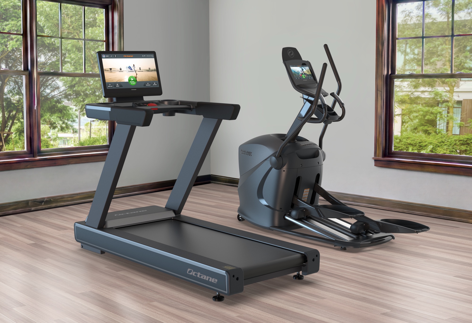 An Octane treadmill and an Octane elliptical machine placed in a room with two windows.