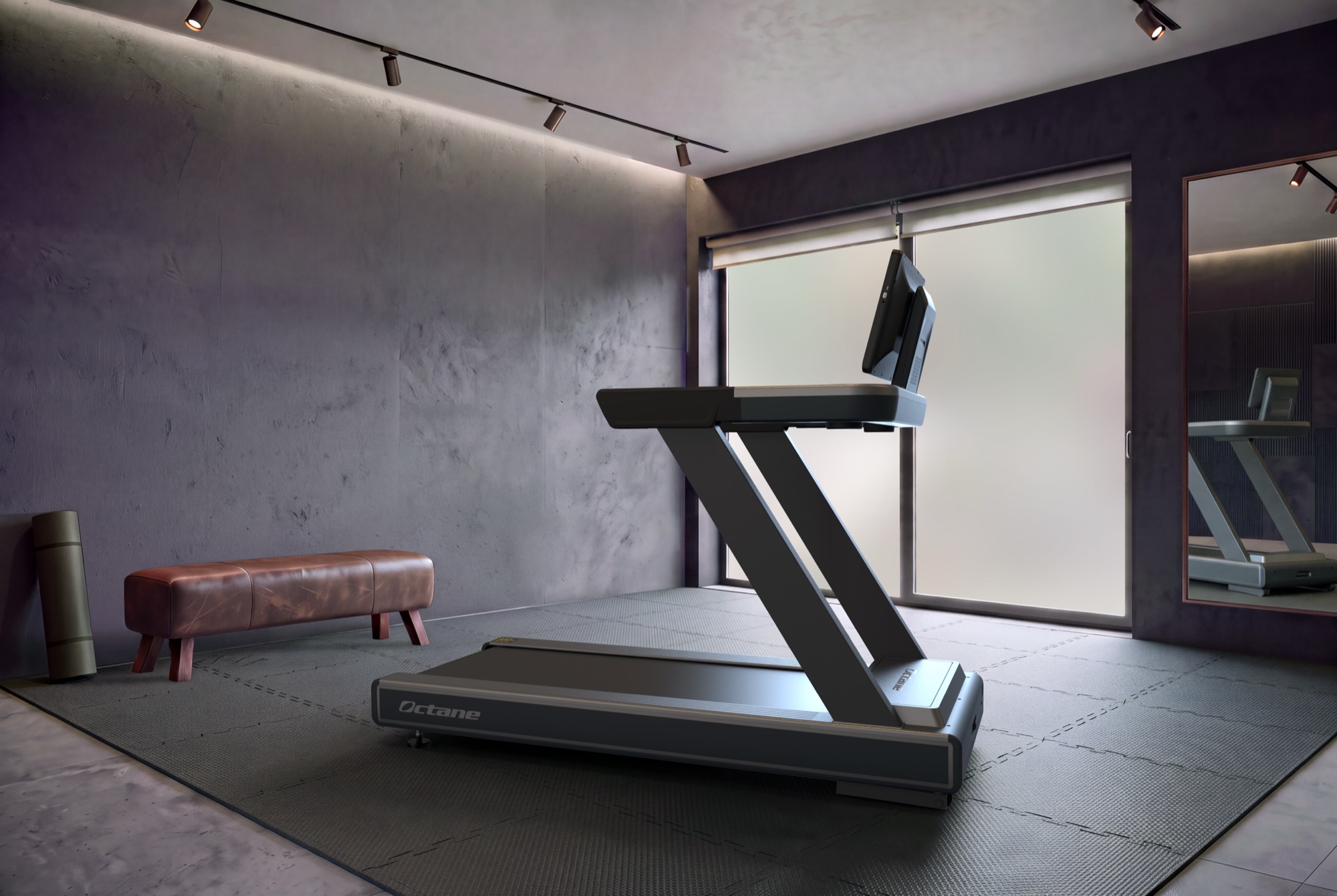 An Octane treadmill centered in a minimalist home gym with a long bench and a floor-to-ceiling mirror.